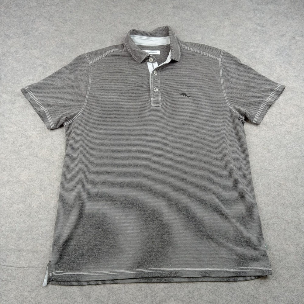 Tommy Bahama Polo Shirt Mens Medium Gray Stripe Modal Polyester‎ Casual Top